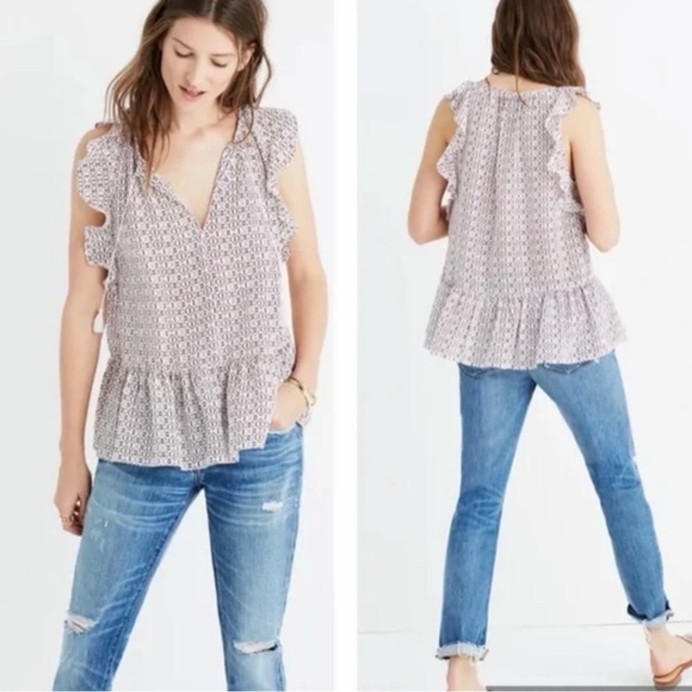 Madewell Silk Lily Ruffle Too 100% Silk Small Tassels Cream Pink Purple Ikat